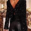 Women's Edgy Cutout Back Sequin Top For A Night Out - Long Sleeve