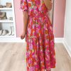 Rose Floral Short Sleeve Smocked Waist Maxi Dress