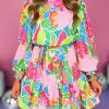 Green Multicolor Botanical Bubble Sleeve Mini Dress