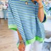 Sky Blue Stripe Oversized Contrast Trim Exposed Seam High Low T Shirt