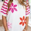 White Floral Pattern Striped Sleeve Sweater T Shirt