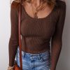 Coffee Solid Color Rib Knit U Neck Slim Fit Long Sleeve Top