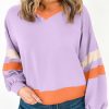 Orchid Bouquet Contrast Rib Knit Patchwork Drop Shoulder V Neck Sweatshirt