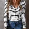 White Stripe Slim Fit Buttoned V Neck Long Sleeve T Shirt