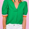 Bright Green Colorful Trim V Neck Short Sleeve Blouse