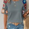 Medium Grey Floral Crochet Short Sleeve Top