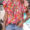 Rose Floral Print Pleated Ruffled Sleeve Summer Blouse