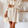 Relaxed Fit Beige Tunic Shirt With Button Up And Lace Embellishment