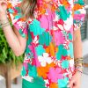 Green Floral Tie Split Neck Ruffle Trim Blouse