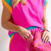 Rose Red Colorblock Patchwork Cap Sleeve Top Plus Size Shorts Set