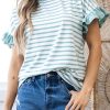 Green Stripe Ruffled Sleeve Crew Neck T Shirt