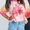 Pink Flower Color Block Half Sleeve Loose T Shirt