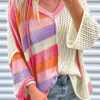 Pink Oversized Colorblock V Neck Hooded Sweater