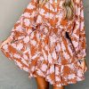 Brown Floral Puff Sleeve Smocked Waist Layered Dress