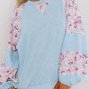 Elegant Crew Neck Blouse - Textured Fabric, Balloon Sleeves, Blue Floral Print