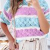 Purple Stripe Color Block Hollow Out Crochet Half Sleeve Sweater