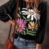 Black Flower Print Bracelet Sleeve Round Neck Top