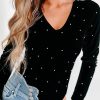 Flattering Silhouette: Women's Chic Black Velvet Bodysuit With Pear Bead Embellishments