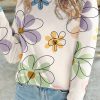 Beige Flower Print Crew Neck Long Sleeve T Shirt