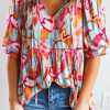 Country Chic Rose Red Blouse With Abstract Print And Drawstring Neckline