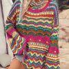 Rose Red Colorblock Striped Hollowed Knit Loose Sleeve Sweater