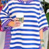 Blue Stripe Patchwork Exposed Seam Drop Shoulder Oversized Top