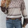 Brown Leopard Color Block Crewneck Long Sleeve Top