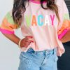 Pink VACAY Printed Color Block Half Sleeve Graphic T Shirt