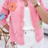 Pink Cute Knitted Floral Pattern Button Up Cardigan