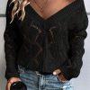 Black Hollow Out Knit V Neck Drop Shoulder Sweater