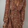 Flirty And Feminine: V Neck A-Line Mini Dress - Brown Boho Floral