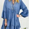 Sky Blue Chambray Ruffled 3/4 Sleeve Tiered Split V Neck Mini Dress