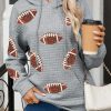 Gray Sequin Rugby Football Waffle Knit Kangaroo Pocket Loose Hoodie