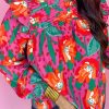 Rose Floral Print Pleated Ruffled O Neck Plus Size Blouse