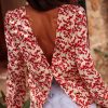 Versatile And Chic Long Sleeve Blouse: Red Floral Print