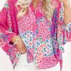 Rose Red Floral Allover Print Buttoned V Neck Oversized Shirt