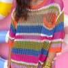 Orange Stripe Colorblock Hollowed Crochet 3/4 Sleeve Sweater