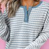 Sky Blue Stripe Textured Frilly Trim Buttons Henley Long Sleeve Top