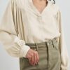 White Solid Color Lantern Sleeve Notched V Neck Blouse