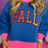 Blue FALL Graphic Color Block Bubble Sleeve Sweatshirt