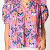 Elegant V Neck Blouse With Puffed Sleeves And Delicate Ruffles - Purple Butterfly Print