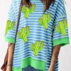 Sky Blue Stripe Sequin Cactus Pattern Half Sleeve Contrast Edge T Shirt