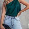 Sea Green Satin One Shoulder Loose Tank Top