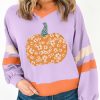 Orchid Bouquet Halloween Floral Pumpkin Color Block V Neck Sweatshirt