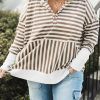 Brown Stripe Quarter Buttons Drop Sleeve Plus Size Hoodie