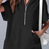 Black Half Zipper Kangaroo Pocket Short Sleeve Hoodie