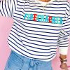 Comfortable Casual Sweatshirt - Blue Stripe With Eye-Catching Embroidery