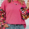 Bright Pink Floral Patchwork Flounce Sleeve Rib Knit Plus Top