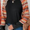 Creative Patchwork Round Neck Long Sleeve Tee - Western Style