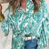 Green Paisley Print Smocked Cuff Buttoned Loose Shirt